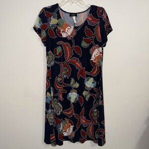 MSK Dress Navy Blue Floral Beaded Knee Length Medium Rayon Spandex Pullover